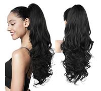 REECHO Ponytail Extension, 24" Claw Clip in Ponytail Extensions Long Curly Wavy Ponytail Hair Extension Jaw Clip on Pony Tails Hairpiece for Women - Natural Black