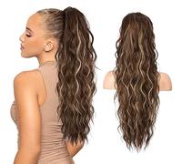 REECHO Ponytail Extension, 26" Long Beach Wave Drawstring Pony Hair Extension Synthetic Pony Tail Hairpiece for Women - Chestnut Brown with Golden Highlights