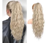 REECHO Ponytail Extension, 26" Long Beach Wave Drawstring Pony Hair Extension Synthetic Pony Tail Hairpiece for Women - Medium Blonde with Highlights