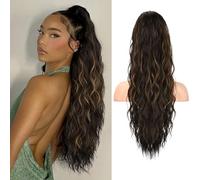 REECHO Ponytail Extension, 26" Long Beach Wave Drawstring Pony Hair Extension Synthetic Pony Tail Hairpiece for Women - Chocolate Brown with Highlights