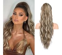 REECHO Ponytail Extension, 26" Long Beach Wave Drawstring Pony Hair Extension Synthetic Pony Tail Hairpiece for Women - Ash Brown with Platium Highlights
