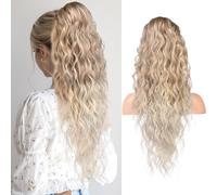 REECHO Ponytail Extension, 26" Long Beach Wave Drawstring Pony Hair Extension Synthetic Pony Tail Hairpiece for Women - Dark Blonde with Light Blonde Ends
