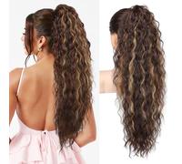 REECHO Ponytail Extension 30" Long Claw Clip Ponytail Extension Curly Wavy Pony Tails Hair Extensions Clip in Synthetic Hairpiece for Women, Dark Brown with Highlights
