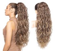 REECHO Ponytail Extension 30" Long Claw Clip Ponytail Extension Curly Wavy Pony Tails Hair Extensions Clip in Synthetic Hairpiece for Women, Dark Ash Blonde with Golden Ends