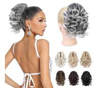 REECHO Ponytail Extension, 9" Claw Clip in Short Curly Wavy Pony Hair Extension Jaw Clip on Pony Tail HP001 Hairpiece for Women - Grey with White Ends