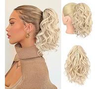 REECHO Ponytail Extension, Claw Clip in Ponytail Hair Extensions 12 Inch Short Curly Ponytail Natural Wavy Synthetic Hairpiece for Women - Cool Blonde