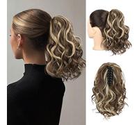 REECHO Ponytail Extension, Claw Clip in Ponytail Hair Extensions 12 Inch Short Curly Ponytail Natural Wavy Synthetic Hairpiece for Women - Light Brown with Highlights