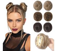 REECHO Space Bun Hair Pieces, 2 PCS Mini Claw Clip in Messy & Cat Ears Fake Hair Bun Extensions Wig Accessory Updo Hairpieces for Women Girls (Pack of 2-3" Straight, Dark Blonde)