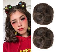 REECHO Space Bun Hair Pieces, 2 PCS Mini Claw Clip in Messy & Cat Ears Fake Hair Bun Extensions Wig Accessory Updo Hairpieces for Women Girls (Pack of 2-3.5" Wavy, Medium Ash Brown)