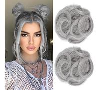 REECHO Space Bun Hair Pieces, 2 PCS Mini Claw Clip in Messy & Cat Ears Fake Hair Bun Extensions Wig Accessory Updo Hairpieces for Women Girls (Pack of 2-3.5" Wavy, Grey/Brown/Silver/White Mixed)