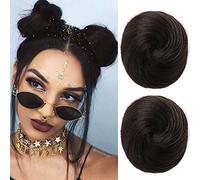 REECHO Space Bun Hair Pieces, 2 PCS Mini Claw Clip in Messy & Cat Ears Fake Hair Bun Extensions Wig Accessory Updo Hairpieces for Women Girls (Pack of 2-3" Straight, Black Brown)