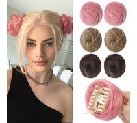 REECHO Space Bun Hair Pieces, 2 PCS Mini Claw Clip in Messy & Cat Ears Fake Hair Bun Extensions Wig Accessory Updo Hairpieces for Women Girls (Pack of 2-3" Straight, Light Pink)