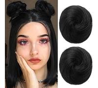 REECHO Space Bun Hair Pieces, 2 PCS Mini Claw Clip in Messy & Cat Ears Fake Hair Bun Extensions Wig Accessory Updo Hairpieces for Women Girls (Pack of 2-3" Straight, Natural Black)
