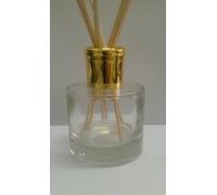 Reed Diffuser Air Freshener Empty Round Glass Diffuser Bottle with Shiny Gold Cap and Travel Plug. Use diffuser bottle to make your own designer room fragrances.