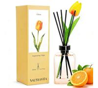 Reed Diffuser Set Citrus Orange Blossom Scent with 10 Sticks & Tulip Flowers Decor, 200ml Diffusers Narrow Spaces for 120 Days, Home Fragrance Air Freshener Long Lasting for Bathroom Office