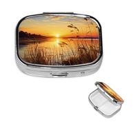 Reeds by The River Pill Box 2 Compartment Square Portable Pill Case for Pocket or Purse Small Weekly Medicine Planner Travel Pillbox with Mirror Decorative Metal Vitamin Holder Gifts