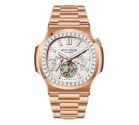 REEF TIGER Men's Rose Gold Square Watch Crystal Bezel 24-Hour Tourbillon Mechanical Waterproof Automatic RGA20S7 Fashion Timepiece (RGA20S7-PWPD)