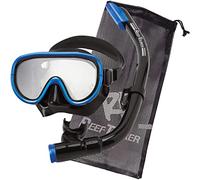 REEF TOURER Adult Single-Window Mask & Snorkel Combo Set, Semi-Dry Top, Purge Valve, Wide View Tempered Glass Lens, Snorkeling Gear for Ages 10+ w/Reusable Mesh Bag, Black/Metallic Blue, RC0105