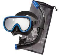 REEF TOURER Adult Single-Window Mask & Snorkel Combo Set, Semi-Dry Top, Purge Valve, Wide View Tempered Glass Lens, Snorkeling Gear for Ages 10+ w/Reusable Mesh Bag, Black/Metallic Blue, RC0105
