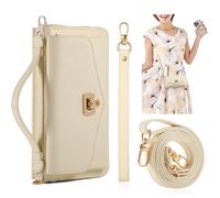 REEGINCH Crossbody Wallet Case for iPhone 15 Pro Max, Magnetic Detachable PU Leather Phone Case with RFID Blocking Card Holder Wristlet Mirror Flip Zipper Shoulder Purse Bag for Women, Beige