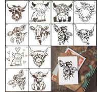 REEKNOKOL Highland Cow Stencils, 12 Pcs Stencils for Crafts Reusable Highland Cattle Stencil for Painting Natural Cow Stencil for Painting DIY Art Crafts Scrapbook Wall Décor