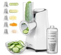 Reemix Electric Cheese Grater, 5-in-1 Salad Maker with 5 Interchangeable Stainless Steel Cones & Storage Box, Professional Electric Slicer Shredder for Vegetables, Fruits, Nuts, 150W, White
