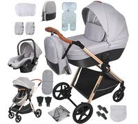 Reenborn 4 in 1 Baby Stroller Travel System, Pushchair 4 in 1 Set, Toddler Pram with Reversible Two Pushing Modes, Newborn Buggy Aluminum Frame, Infant Carriage One-Click Folding (H2 Light Grey)