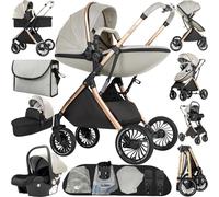 Reenborn 4 in 1 Baby Stroller Travel System, Pushchair 4 in 1 Set, Toddler Pram with Reversible Two Pushing Modes, Newborn Buggy Aluminum Frame, Infant Carriage One-Click Folding (688 Yellowish)