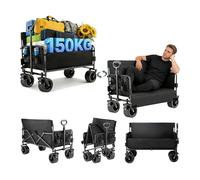 Reenborn Festival Trolley Convert to Bench, Collapsible Heavy Duty Camping Trolley on Wheels, Folding Beach Carts for Sand, Utility Grocery Wagon for Shopping, Garden, Sports and Fishing (LY008-Black)