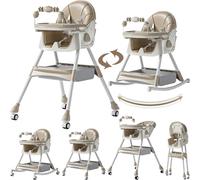 Reenborn PU Leather Baby High Chair with Rocking Mode, Foldable Multi-Functional Baby Eating Chair with Adjustable Backrests and Heights, Highchair with Wheels and Double Trays (560 Khaki)