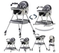 Reenborn PU Leather Baby High Chair with Rocking Mode, Foldable Multi-Functional Baby Eating Chair with Adjustable Backrests and Heights, Highchair with Wheels and Double Trays (560 Grey)