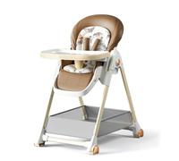 Reenborn PU Leather High Chair, Foldable High Chair for Baby and Toddler with 6 Heights and 3 Reclining Positions, Baby Feeding Dining Chair with Detachable Double Trays and Wheels (808 Khaki)