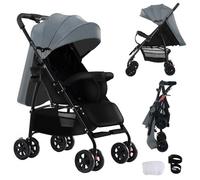 Reenborn Ultra-Lightweight Pushchair at Only 4.6kg, Foldable Compact Stroller with Lie-Flat Position, Travel Pram from Birth to 15kg, Baby Buggy with Adjustable Backrest, Footrest, Canopy (A8 Grey)