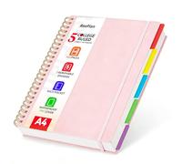 ReePlan 360 Pages A4 Spiral Notebook, 5 Subject Notebooks College Ruled, 100 GSM Thick Paper Lined Journal, Large Note Book with Removable Dividers for School, Office, Work and Writing (Pink)