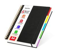 ReePlan 360 Pages A4 Spiral Notebook, 5 Subject Notebooks College Ruled, 100 GSM Thick Paper Lined Journal, Large Note Book with Removable Dividers for School, Office, Work and Writing (Black)