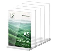 ReePlan 5 Pack A5 Acrylic Sign Holder, T-Shaped Double-Side Perspex Display Stand, Small Clear Menu Holder, Poster Holder and Table Sign Stand for Café, Bar, Office and Shop