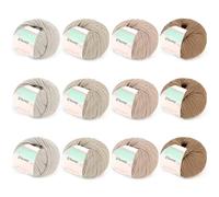 Reessy 12 × 50g Merino Wool Yarn for Crochet and Knitting, Soft and Warm Knitting Wool, 98% Wool 2% Cotton for Crochet Sock, Scarves, Shawls, Blankets and Garments-Kaki