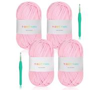 Reessy 4 ×100g T Shirt Yarn for Crocheting, 130 Yards T Shirt Yarn Set with 2 Crochet Hooks, Elastic Fabric Cloth for Crochet Bag, Basket, Cushion-Super Easy for Beginners to Learn Crochet(Pink)