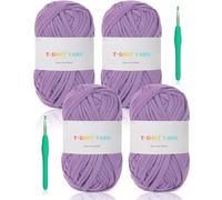 Reessy 4 ×100g T Shirt Yarn for Crocheting, 130 Yards T Shirt Yarn Set with 2 Crochet Hooks, Elastic Fabric Cloth for Crochet Bag, Basket, Cushion-Super Easy for Beginners to Learn Crochet (Purple)