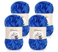 Reessy Chenille Yarn, 4 × 100g Soft Chunky Wool Set, Chunky Chenille Yarn for Crochet, Plush Velvet Fluffy Yarns Thick Knitting Wool for Crcochet Blanket, Handbag, DIY Amigurumi(Royal Blue)