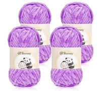 Reessy Chenille Yarn, 4 × 100g Soft Chunky Wool Set, Chunky Chenille Yarn for Crochet, Plush Velvet Fluffy Yarns Thick Knitting Wool for Crcochet Blanket, Handbag, DIY Amigurumi(Purple)