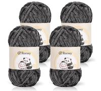 Reessy Chenille Yarn, 4 × 100g Super Soft Thick Wool Set, Chunky Yarn for Crocheting, Easy to Use for Beginners Crcochet Blanket, Handbag, DIY Amigurumi(Deep Grey)