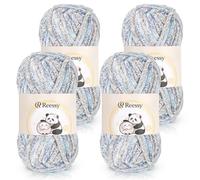 Reessy Chenille Yarn, 4 × 100g Super Soft Thick Wool Set, Chunky Yarn for Crocheting, Easy to Use for Beginners Crcochet Blanket, Handbag, DIY Amigurumi(Blue Grey)