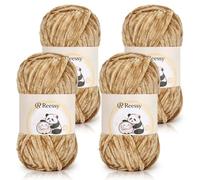 Reessy Chenille Yarn, 4 × 100g Super Soft Thick Wool Set, Chunky Yarn for Crocheting, Easy to Use for Beginners Crcochet Blanket, Handbag, DIY Amigurumi(Light Khaki)