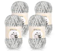 Reessy Chenille Yarn, 4 × 100g Super Soft Thick Wool Set, Chunky Yarn for Crocheting, Easy to Use for Beginners Crcochet Blanket, Handbag, DIY Amigurumi(White Grey)