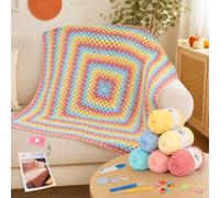 Reessy Crochet Blanket Kit for Beginners, Granny Square Blanket Crochet Kit with Detailed Video Tutorials 600g Blanket Yarn and Crochet Accessories, Super Easy to Crochet Your Own Macaron Blanket