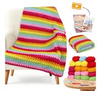 Reessy Crochet Kit, Crochet Blanket Kit with Step-by-Step Video Tutorials, Enough Yarn & Crochet Accessories, Crochet Kits for Beginners Adults Learn to Crochet Pretty Rainbow Striped Blanket