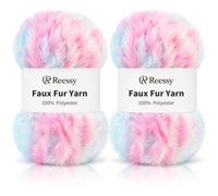 Reessy Fluffy Yarn for Crocheting and Knitting, 2 × 100g Super Soft Fluffy Chunky Faux Fur Yarn, Luxurious Fuzzy Yarn for Blankets, Hats, Scarves and Amigurumi-Rainbow
