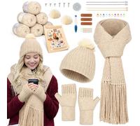 Reessy Knitting Kits for Beginners Adults, Hat Scarve Gloves Knitting Starter Kit for Adults Learning to Knit Include Step-by-Step Instruction Book, Knitting Needles Soft Yarn Balls and Leather Labels