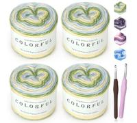 Reessy Ombre Yarn, 4 × 100g Green Gradient Cake Yarn Set Includes 2 Crochet Hooks- 60% Cotton 30% Acrylic 10% Wool - Super Soft Wool Yarns for Crocheting and Knitting